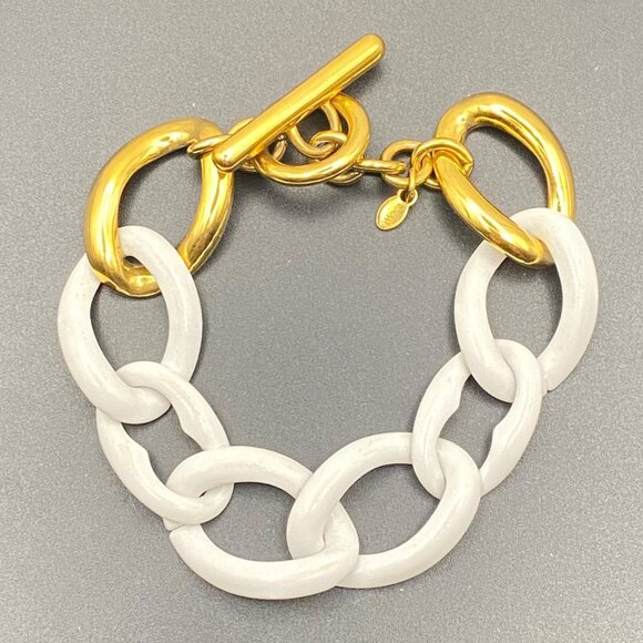 Monet Gold Tone White Enamel Link Bracelet Toggle Clasp 7.5" Chunky Curb Layer - Picture 6 of 6
